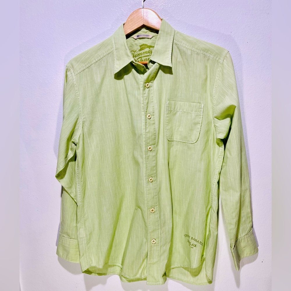 Tommy Bahama relax Shirt Green Stripes Costal Fresh Beach Resort Wear Men’s S